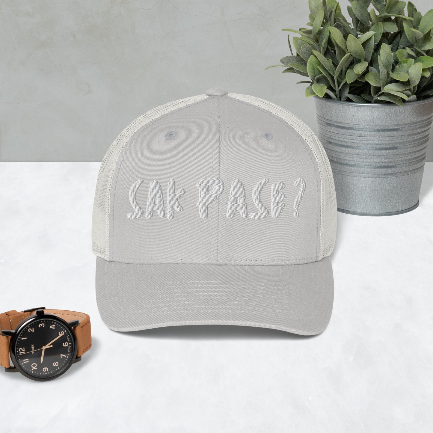 silver Sakpase embroidered cap Haiti streetwear brand