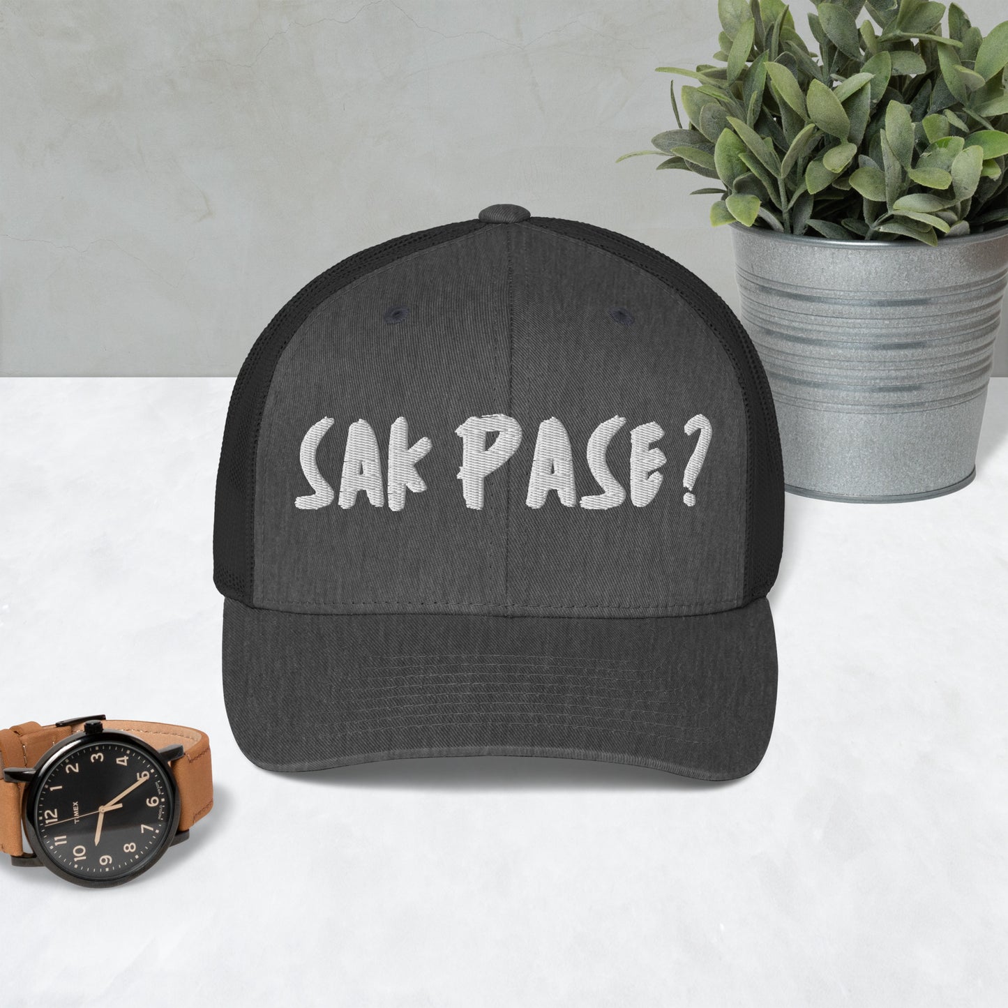 gray Sakpase embroidered cap Haiti streetwear brand