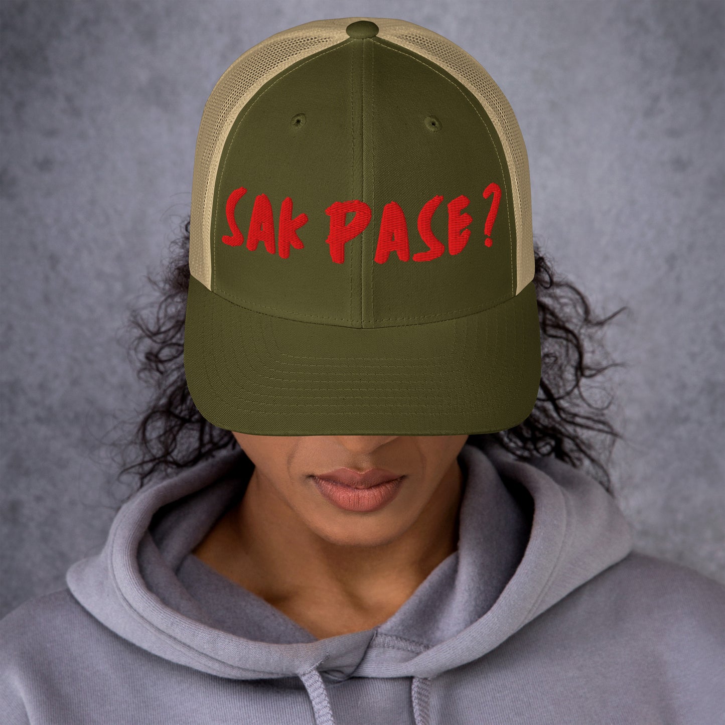 moss khaki Sakpase embroidered cap Haiti streetwear brand