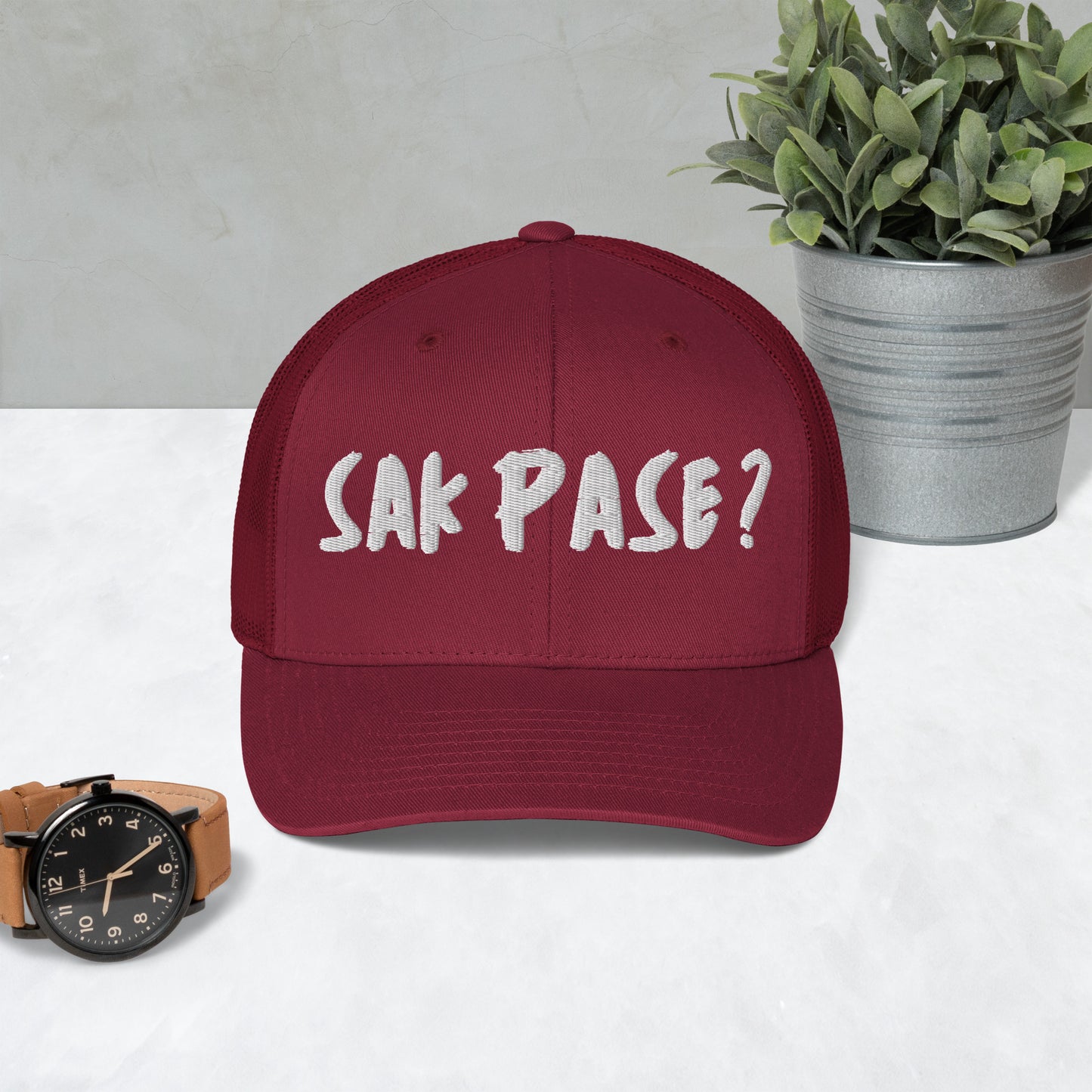 red Sakpase embroidered cap  trucket hat Haiti streetwear brand