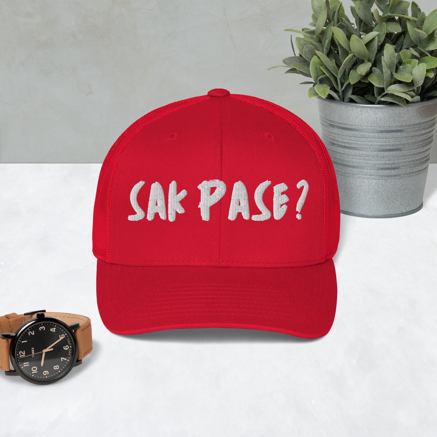 red Sakpase embroidered cap Haiti streetwear brand