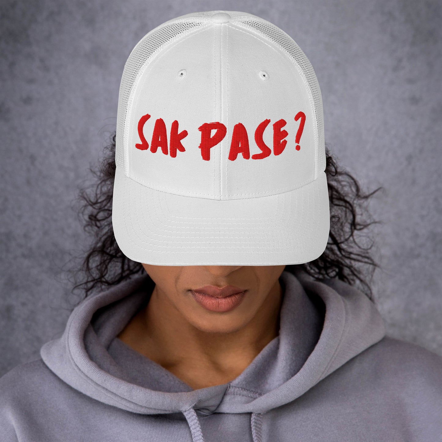 White red Sakpase embroidered cap Haiti streetwear brand